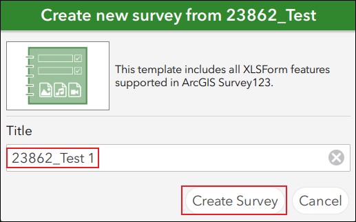 The Create new survey window in Survey123 Connect.