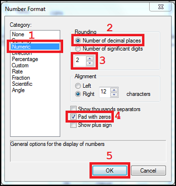 Image showing the steps to change the number format, and pad the field values decimal places with zeros in the Number Format dialog box.