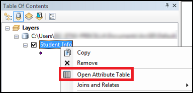 Image showing how to open the attribute table for a layer in ArcMap.