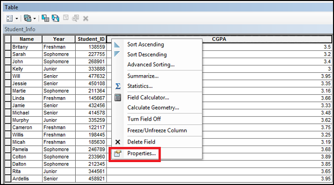 Image showing how to open the Properties dialog box for a field in an ArcMap attribute table.