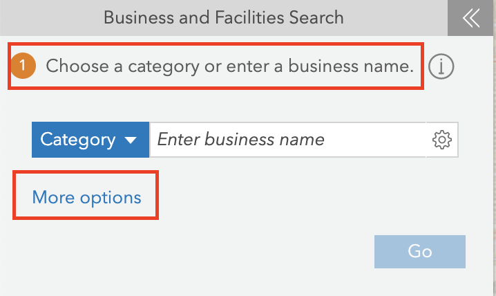 The Business and Facilities Search pane in ArcGIS Business Analyst.