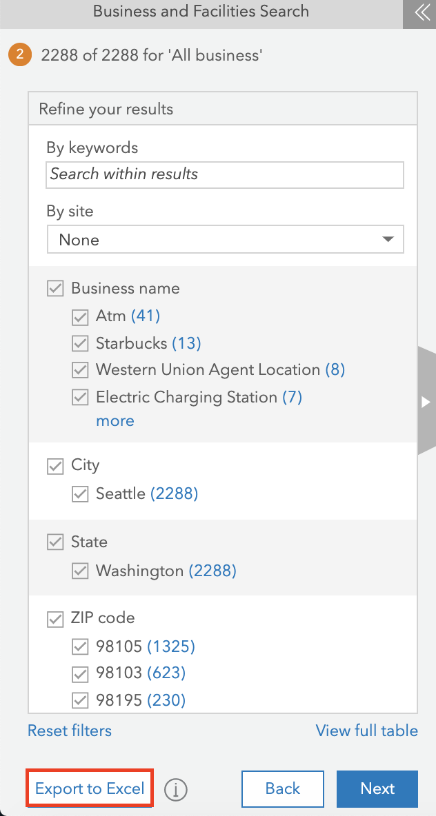 Business and Facilities Search pane in ArcGIS Business Analyst.