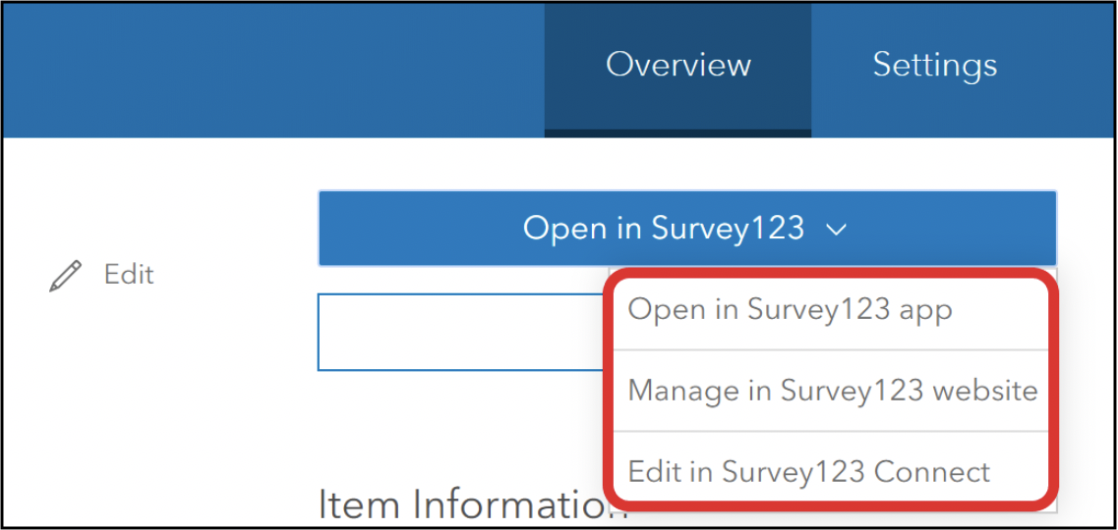 Open Survey123 options in ArcGIS Enterprise portal.
