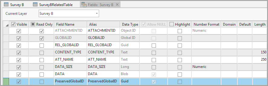Image of adding a new GUID field in the attribute table of Survey B