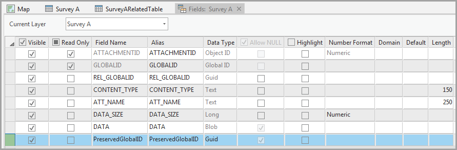 Image of adding a new GUID field in the attribute table of Survey A