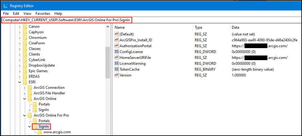 Image showing the URL for HomeServerURIFile and AuthorizationPortal in Registry Editor