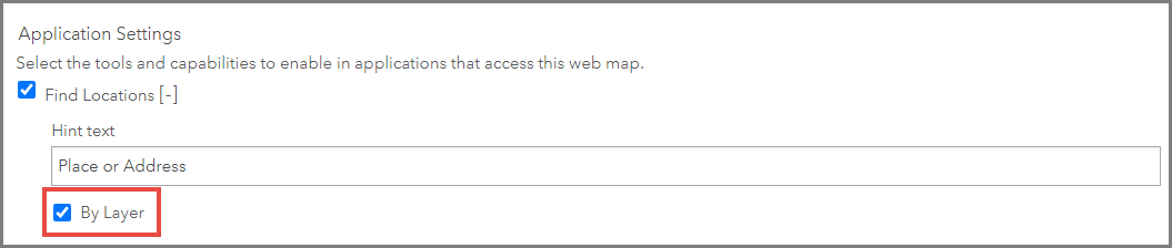 Image showing the window with the Check the By Layer check box in the Application Settings section in ArcGIS Online