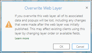 The dialog box displaying the cautionary message of overwriting a web layer in ArcGIS Pro.