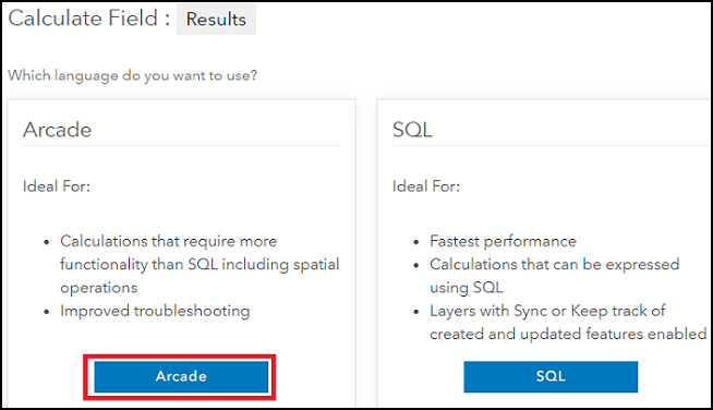 Image showing the Arcade and SQL options in the Calculate Field dialog box.