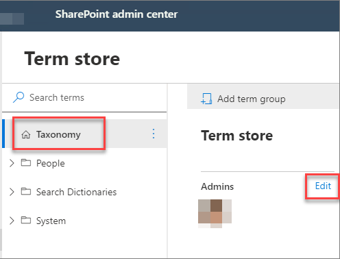 Image of the SharePoint term store admin page