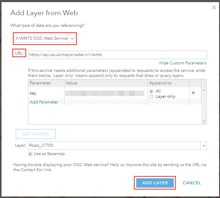 Image of the Add Layer from Web pop-out in ArcGIS Online