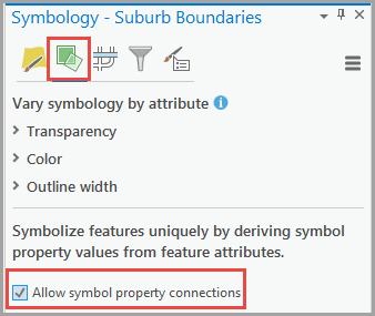 The Symbology pane with the checked Allow symbol property connections check box