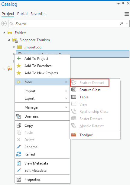 Image of the disabled Feature Dataset option in ArcGIS Pro 2.6