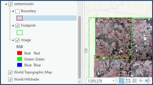 The mosaic layer with the source raster image appearing when zoomed out