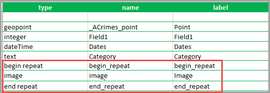 Image of the begin repeat, image, and end repeat question types being added