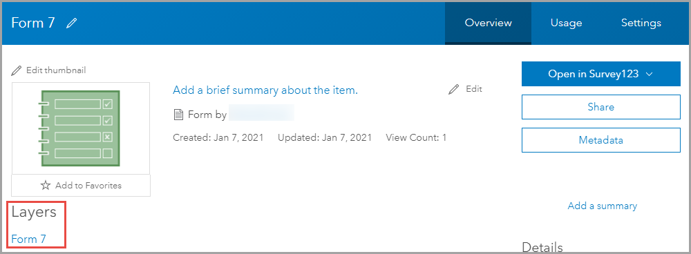 Image of the Layers section in the item details page of the published survey form in ArcGIS Online