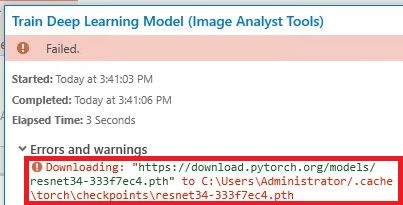 Image of the error when running the Train Deep Learning Model tool.