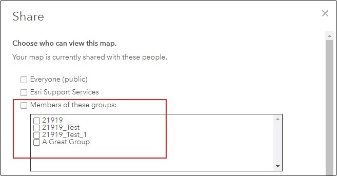 The image shows the Share window in ArcGIS Online Map Viewer.