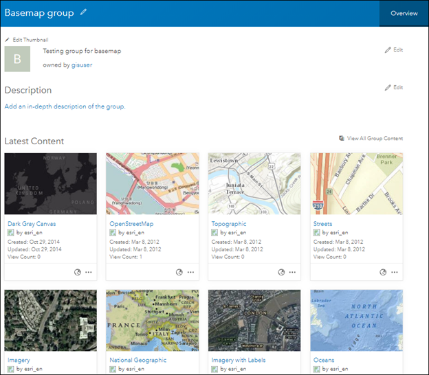 Image of the Esri default basemaps are shared to the custom group