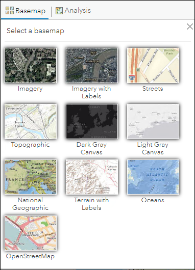 Image of the basemap gallery in Portal for ArcGIS
