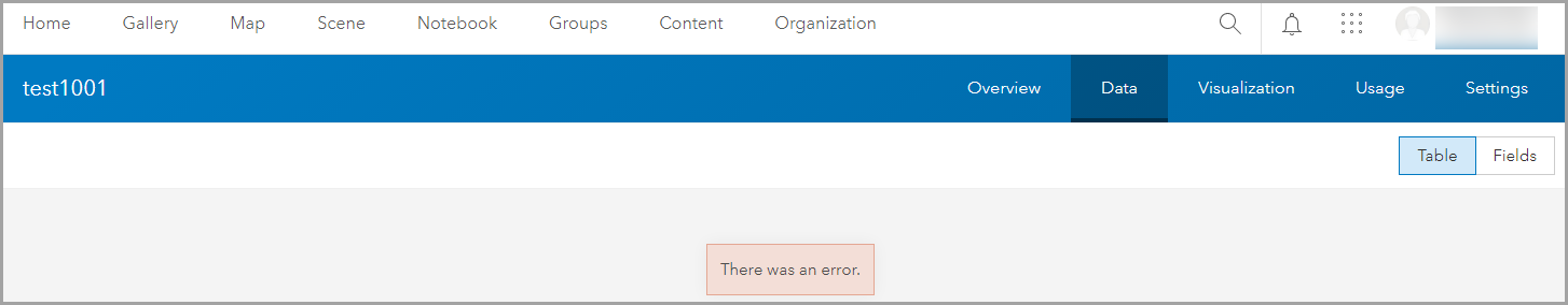 Image of the error message in the Data tab in ArcGIS Online