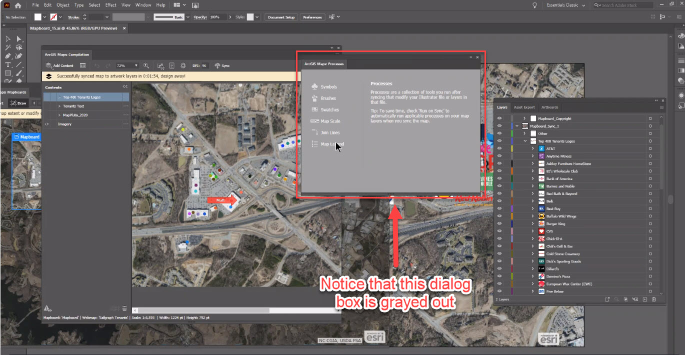 The ArcGIS Maps for Adobe Creative Cloud extension shows the the ArcGIS Maps: Mapboards dialog box is disabled.