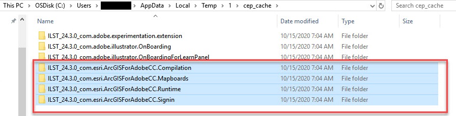 The cache folders of the ArcGIS Maps for Adobe Creative Cloud extension.