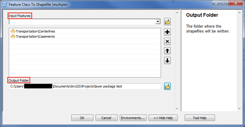 The Feature Class to Shapefile (multiple) geoprocessing tool window to convert the layer package file to a shapefile