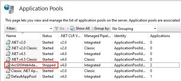 ArcGIS Web Adaptor in Application Pools is stopped