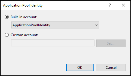 The Application Pool Identity window showing the selected built-in account with ApplicationPoolIdentity