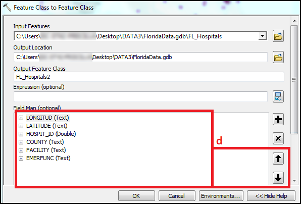 Image showing the steps to fill up the required information in the Feature Class to Feature Class dialox box to run the tool.