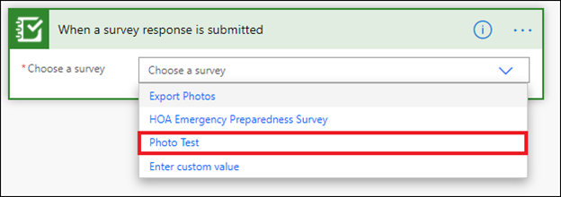 Selecting the survey for When a survey response is submitted action