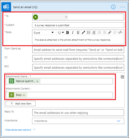 The Send an email action window