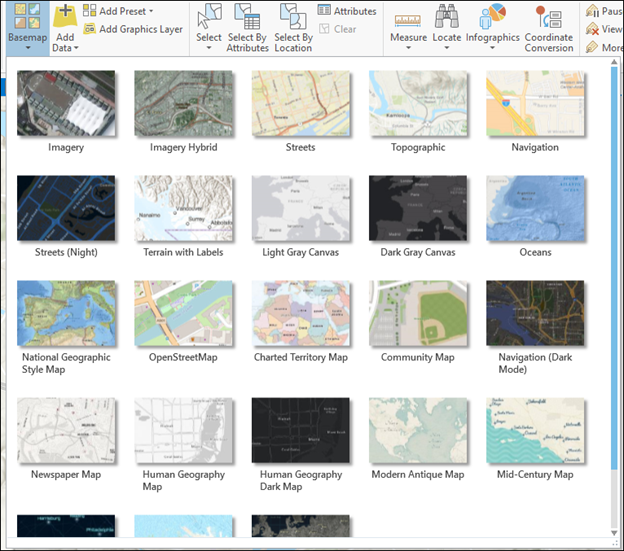 Esri vector basemaps in the ArcGIS Pro basemap gallery after administrators configure the Settings page of the organization in ArcGIS Online.
