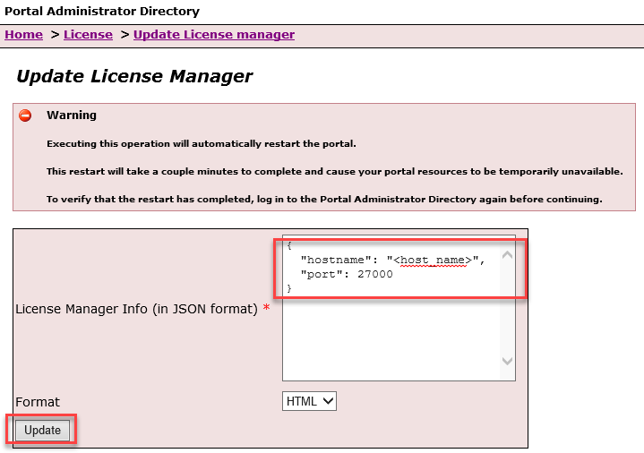 Portal Directory showing the Update License Manager pane