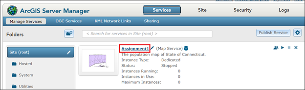Image of the renamed map service in ArcGIS Server Manager