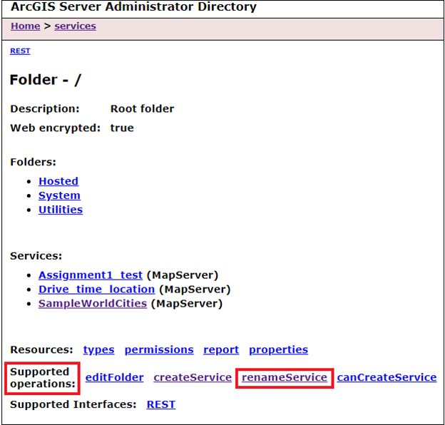 Image of ArcGIS Server Administrator Directory showing renameService