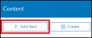 Image showing the Add Item button in the ArcGIS Online Content page.
