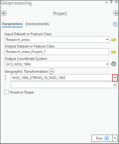 The screenshot image shows the Project tool and its parameters.