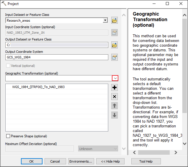 The screenshot image shows the Project tool and its parameters.