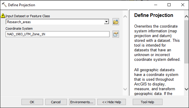 The screenshot image shows the Define Projection tool and its parameters.