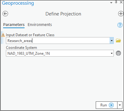 The screenshot image shows the Define Projection tool and its parameters.