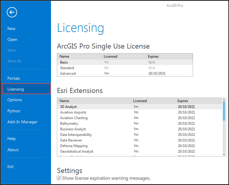 The Licensing page with the renewed expiry dates of the ArcGIS Pro software and the related licenses