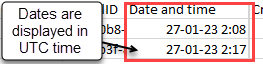 Exported Excel file with the date and time in UTC time.