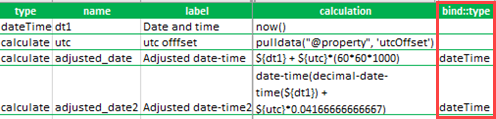 The dateTime option selected in the bind::type column for the calculate type questions created.