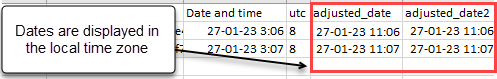 Exported Excel file with the date and time in the local time zone.