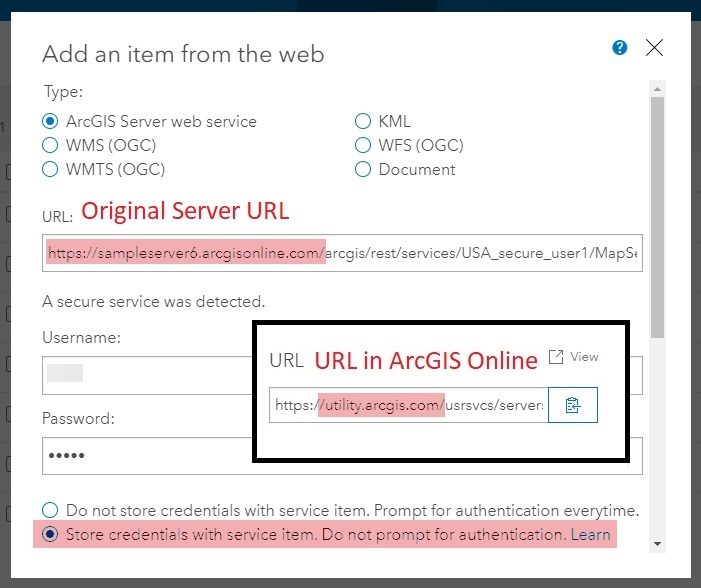Image of the URL as it appears in the server and the service URL in ArcGIS Online