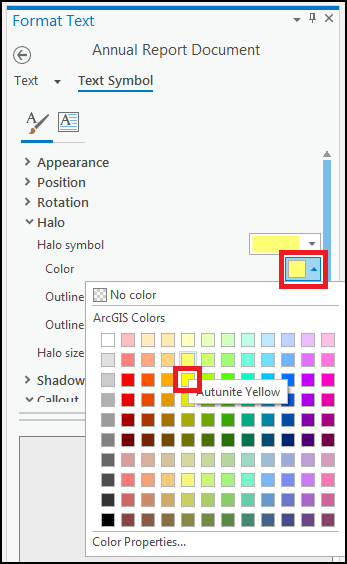 Image showing the Color drop-down list, and how to select a color.