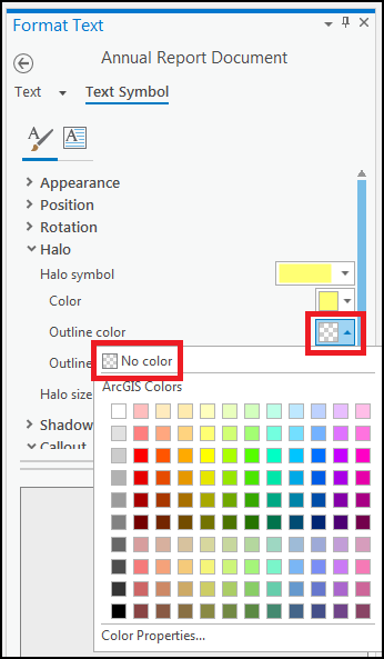 Image showing the Outline color drop-down list, and how to select no color.