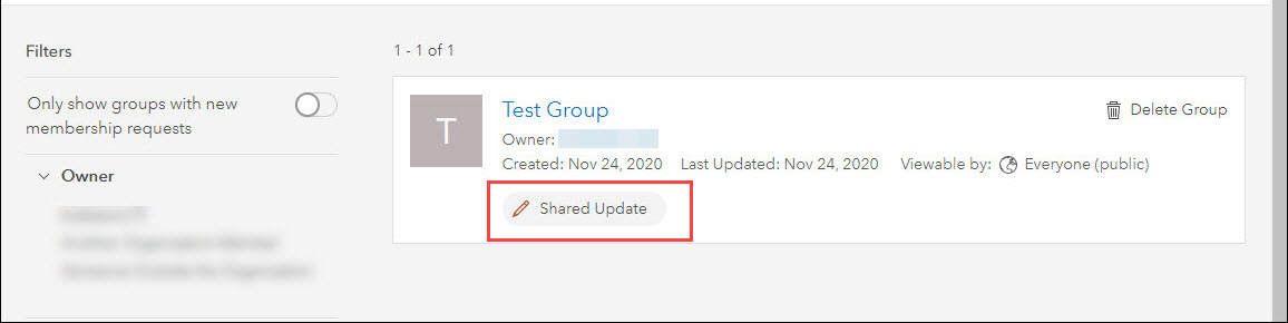 The ArcGIS Online group with update capabilities displayed as Shared Update